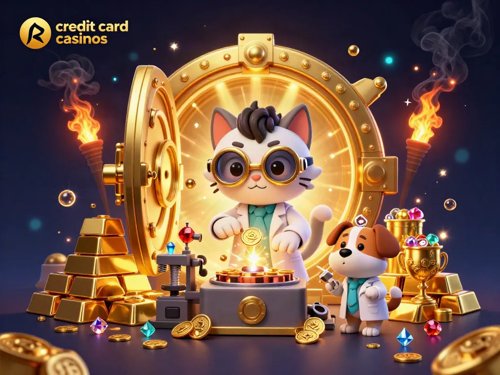 Experience the excitement of credit card casinos with animated characters and golden treasures in a dynamic lab setting.
