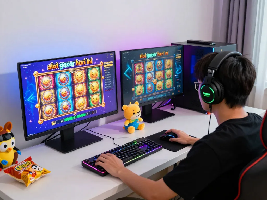 Player enjoying slot gacor hari ini in an engaging home gaming setup with colorful screens and accessories.