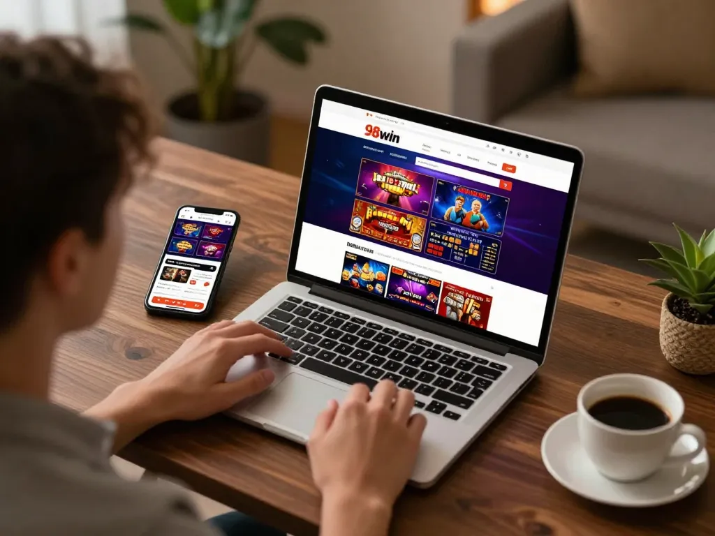 Engaging home gaming scene at link 98win with laptop displaying casino games and smartphone betting app.