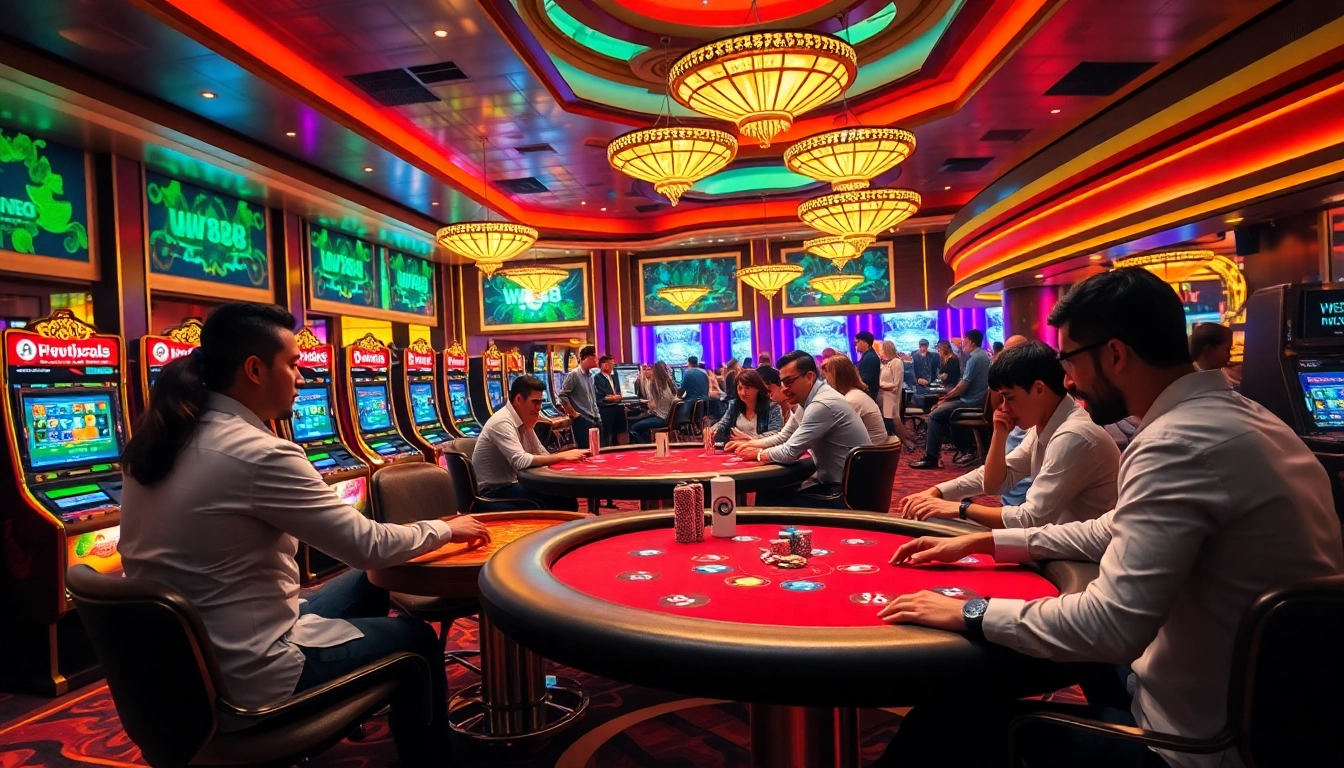 Players enjoying thrilling games at ww88 casino, featuring poker tables and slot machines.