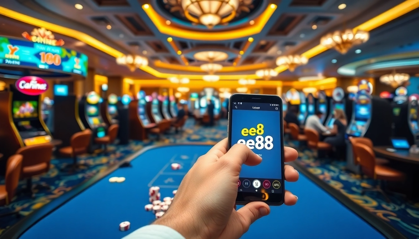 Experience the excitement of gambling using the ee88 app on a luxurious casino floor.