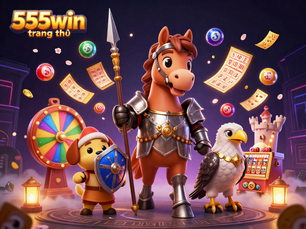 Engage with 555win trang chủ in a vibrant 3D gambling experience highlighting various fun elements.
