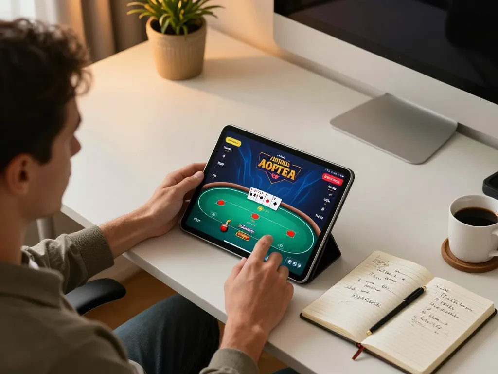 Bangsawan88gg user engaging with a high-stakes online poker game on tablet, showcasing responsible gaming.