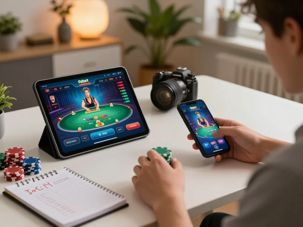 Engaging with fabet's card games on a tablet in a cozy home office setting