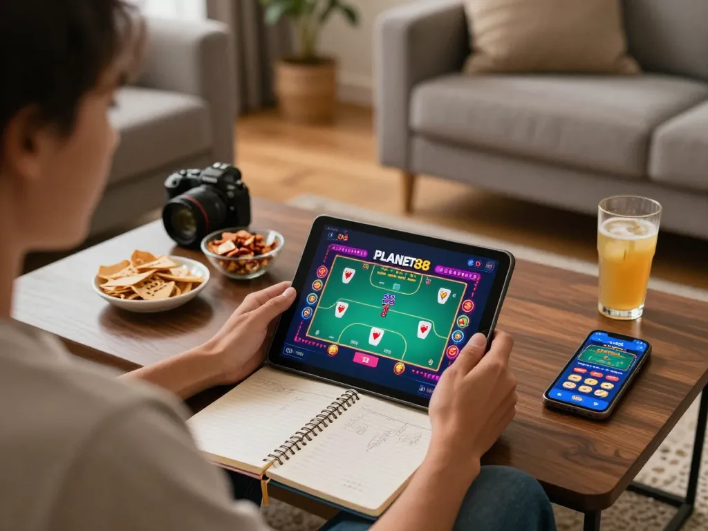 Engaging online poker game session on PLANET88 with snacks and strategy notebook in cozy atmosphere.