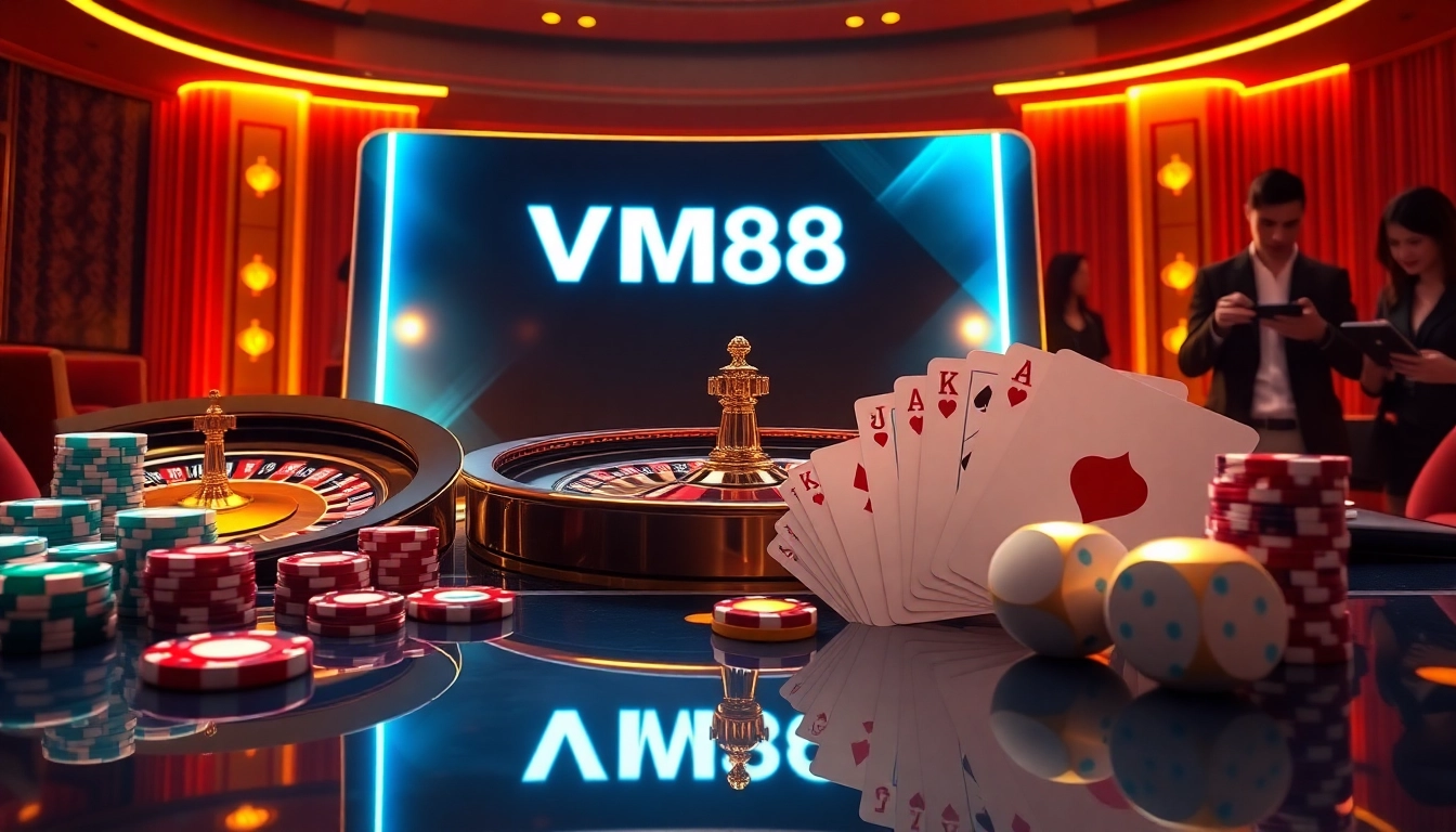 VM88 showcasing a professional online casino interface with vibrant poker chips and spinning roulette wheel