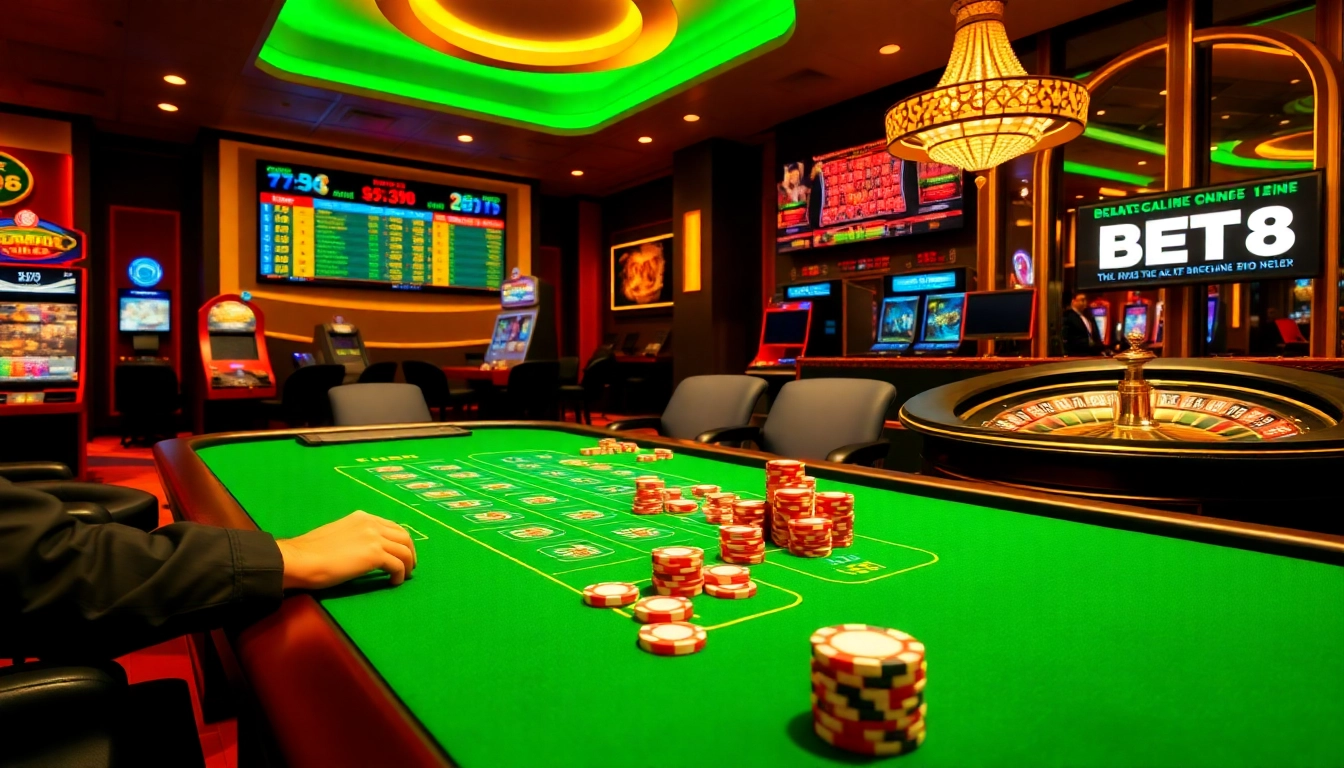 BET88 online casino with vibrant tables, poker chips, and live betting interface.