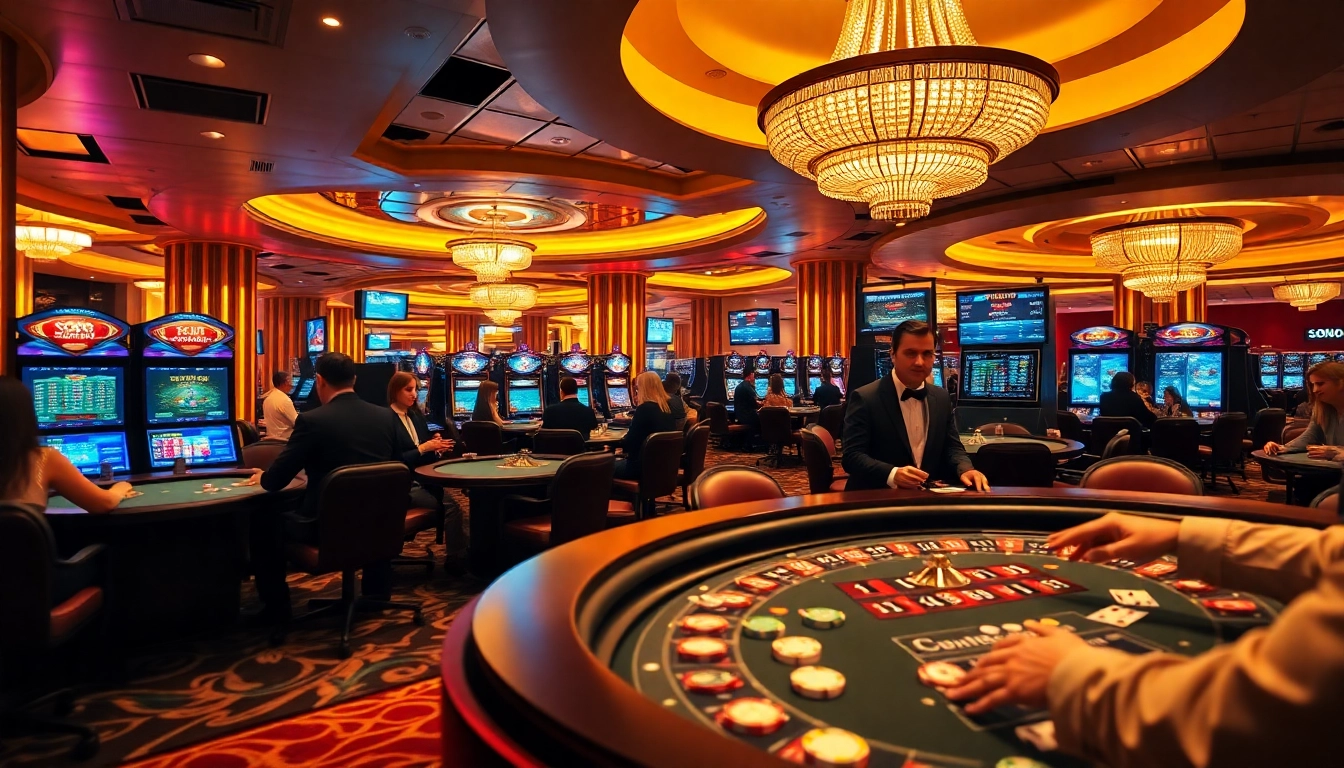 SODO Casino's vibrant gaming floor featuring players at tables, colorful chips, and dynamic slot machines.