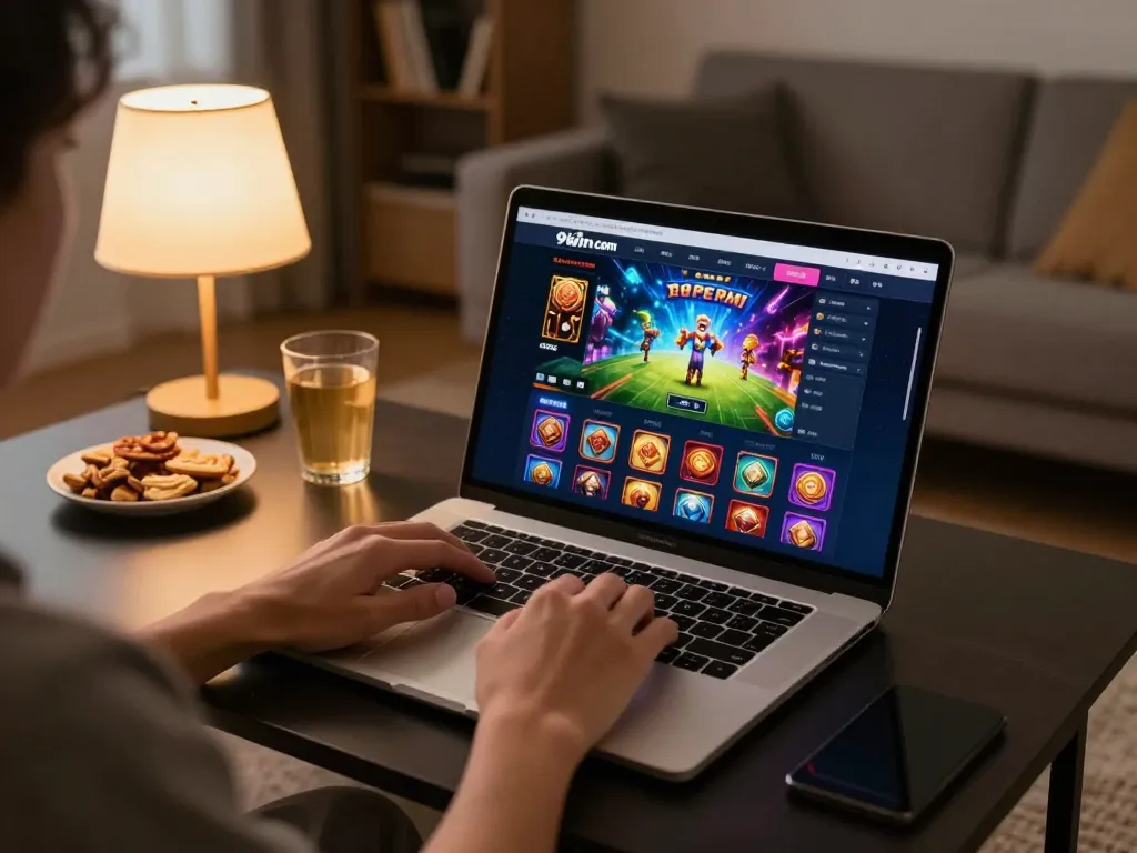 Engaging gameplay on 98win com with a player strategically using a laptop in a cozy home.