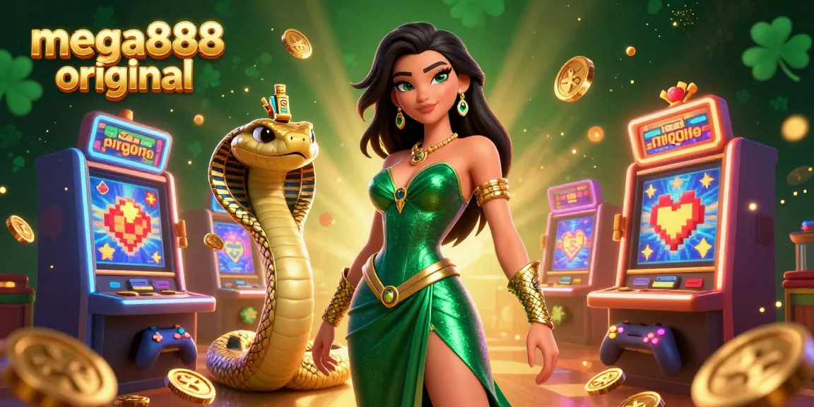 Mega888 original immerses players in CGI casino magic, showcasing a captivating woman in emerald with gold accents.