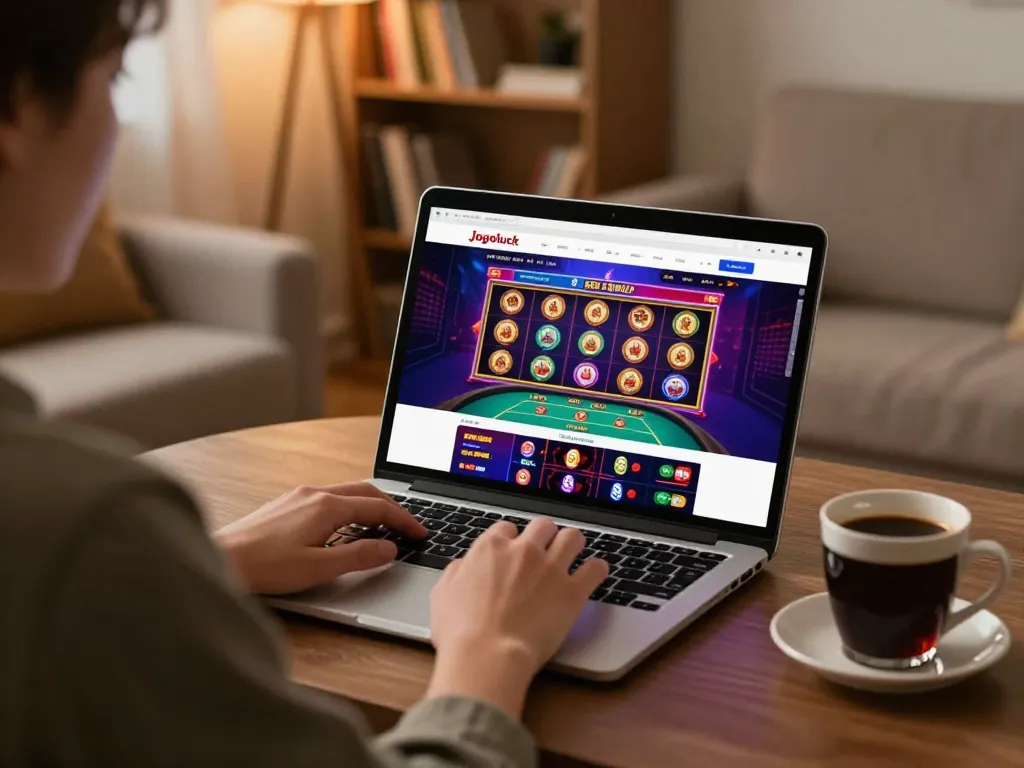 Person engaging with the Jogoluck platform for online gaming in a cozy setting.