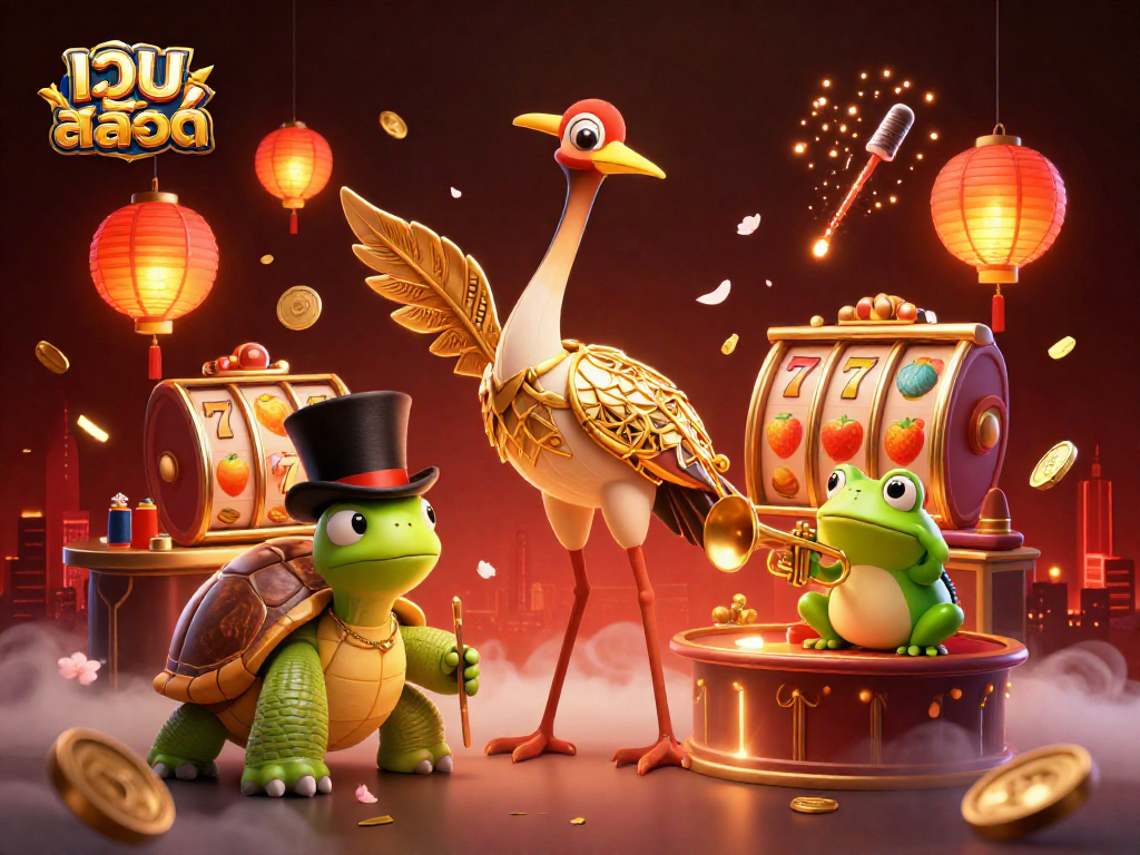 Spin the reels at เว็บสล็อต while a playful crane, turtle, and frog celebrate casino fun!