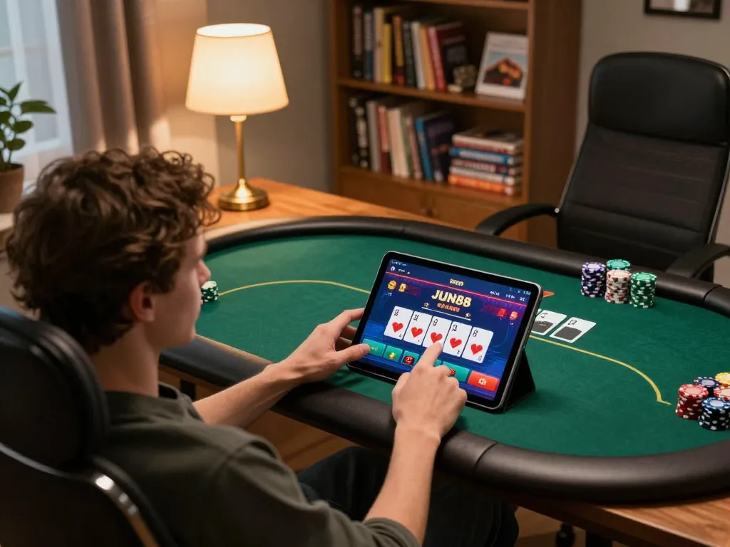 Engaging with the JUN88 casino app on tablet during casual home gaming setup