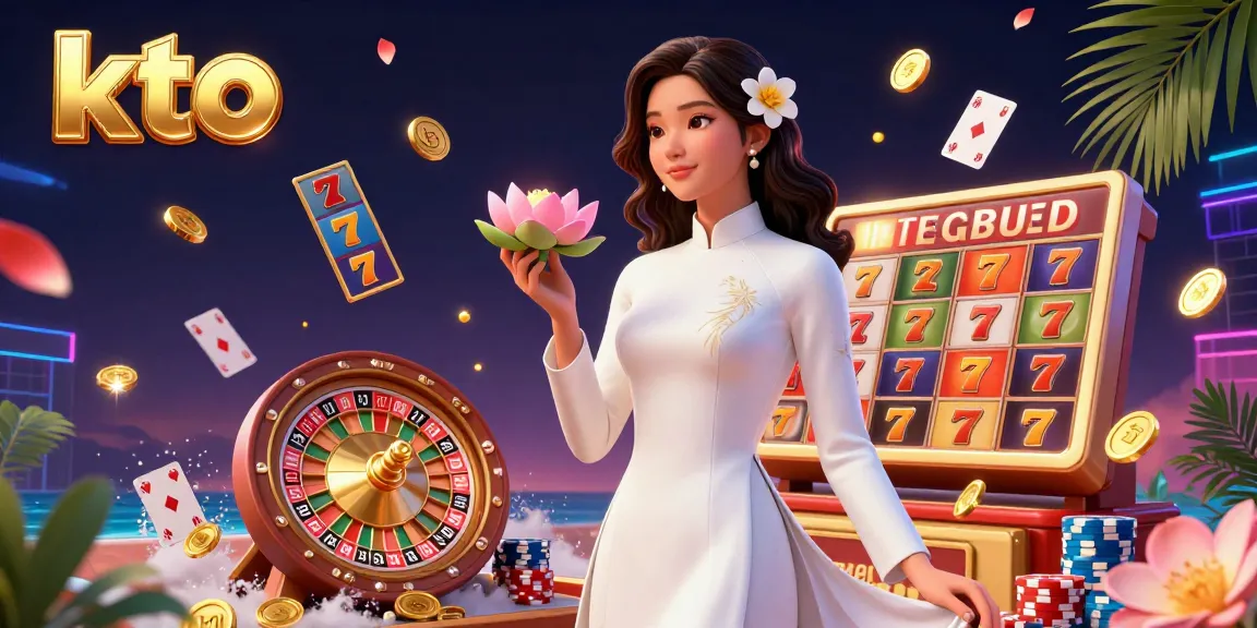 Experience thrilling slots and jackpots with kto, featuring a serene Asian woman amidst vibrant game elements.