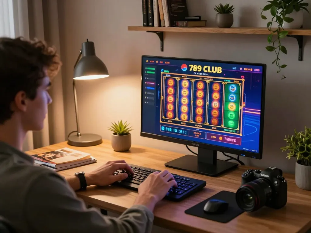 Engaging gameplay at 789 CLUB casino on a laptop, showcasing vibrant slot reels and warm home atmosphere.