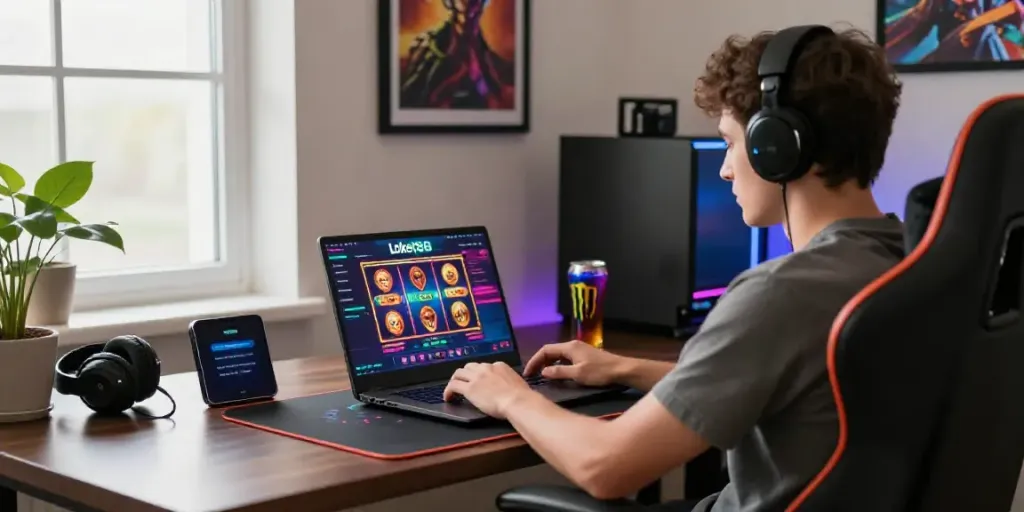 Engaging with loket88 gaming platform in a modern home office.
