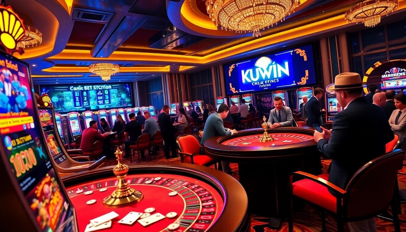KUWIN online casino scene showcasing live dealer roulette and vibrant slot machines.