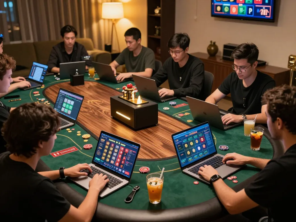 Luck8 players engaging in intense online casino gaming, showcasing vibrant gameplay and exciting atmosphere