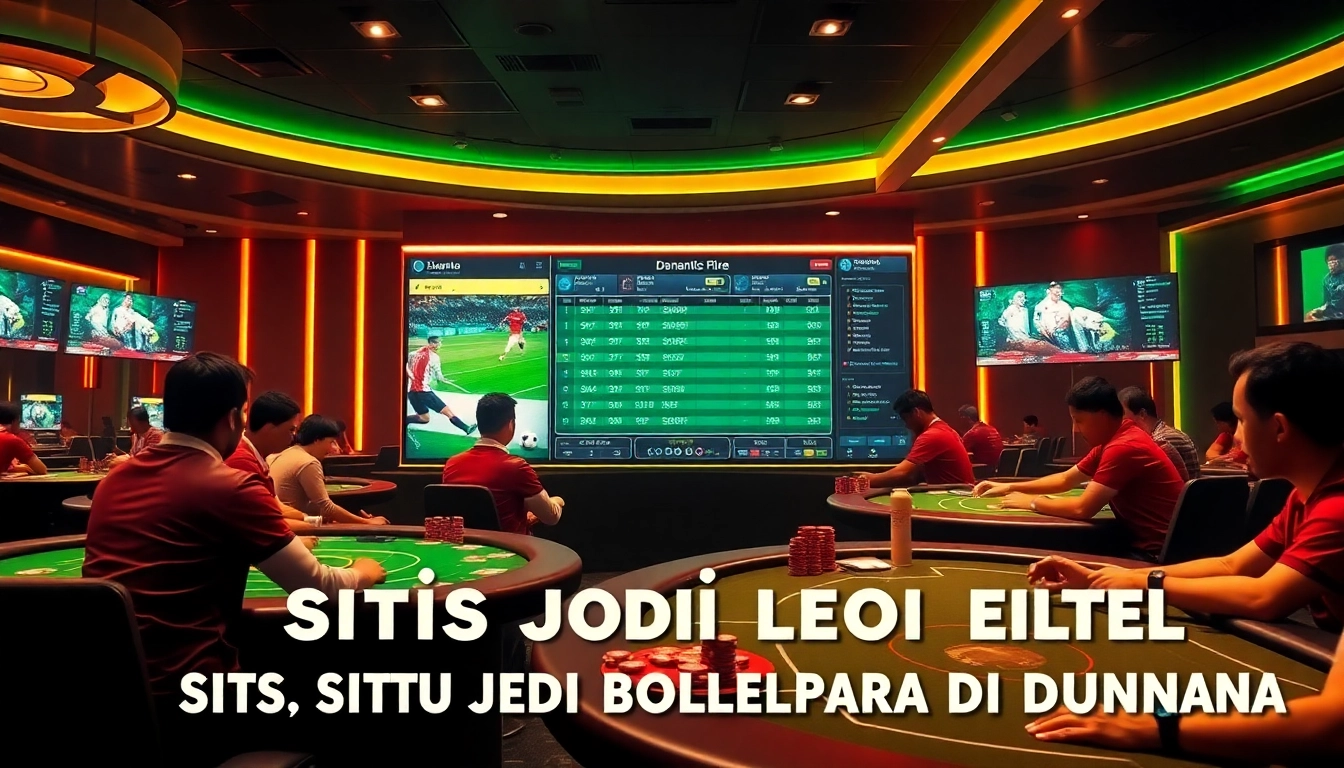 Situs Judi Bola Terbesar Di Dunia showcases an exhilarating sports betting atmosphere with lively gamblers and digital odds displays.
