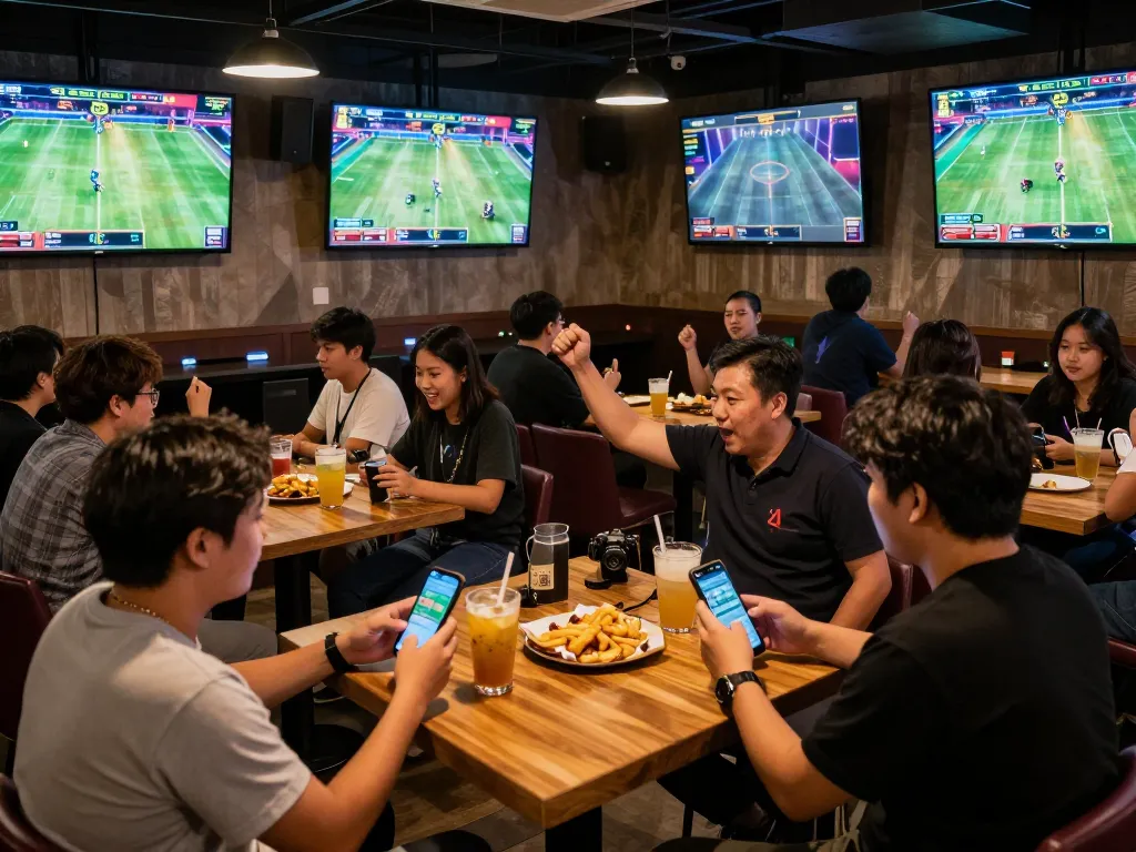Excitement of esport betting Singapore with fans cheering and mobile betting in a lively sports bar