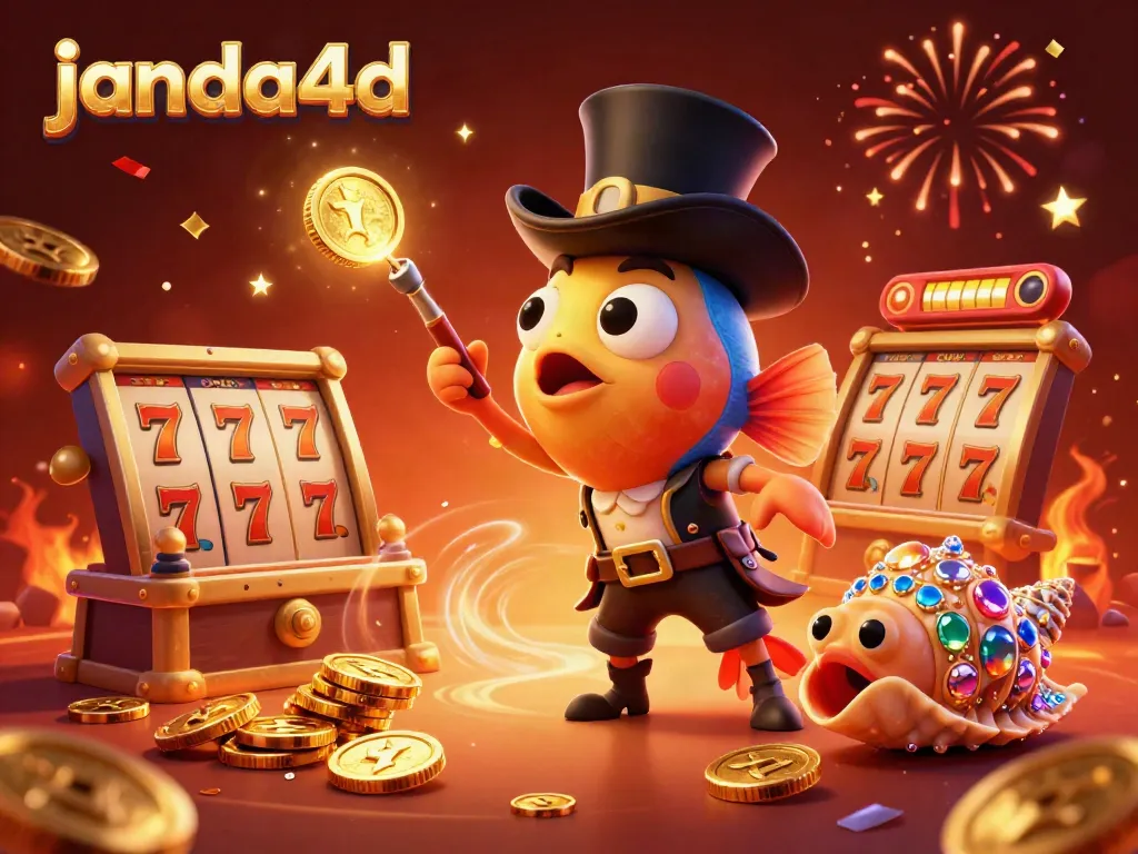 Slot online janda4d dengan karakter lucu, batu permata, dan koin emas berhamburan.