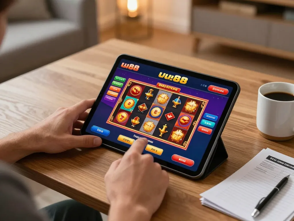 Engaging with the uu88 online betting interface on a tablet in a cozy home setting.