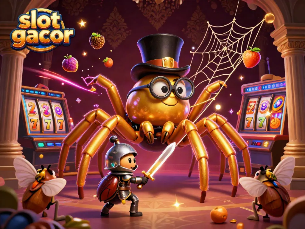 Menang di slot gacor dengan tarantula emas dan kesatria kecil mendekat, dikelilingi simbol mesin slot.