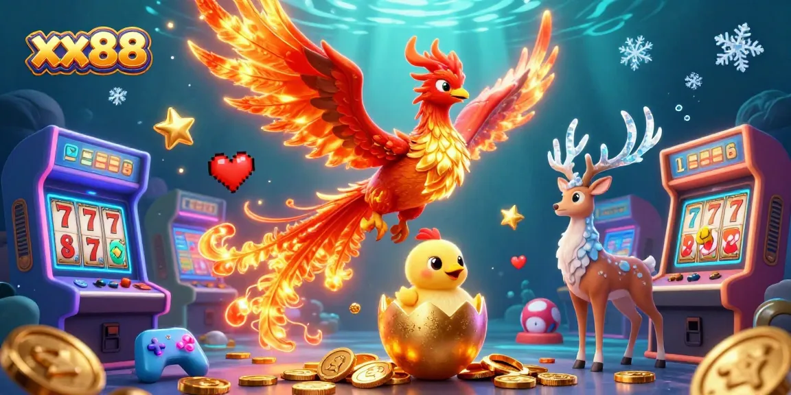 Experience the excitement of xx88 with a vibrant phoenix and dynamic slot reels in a lively, colorful scene.