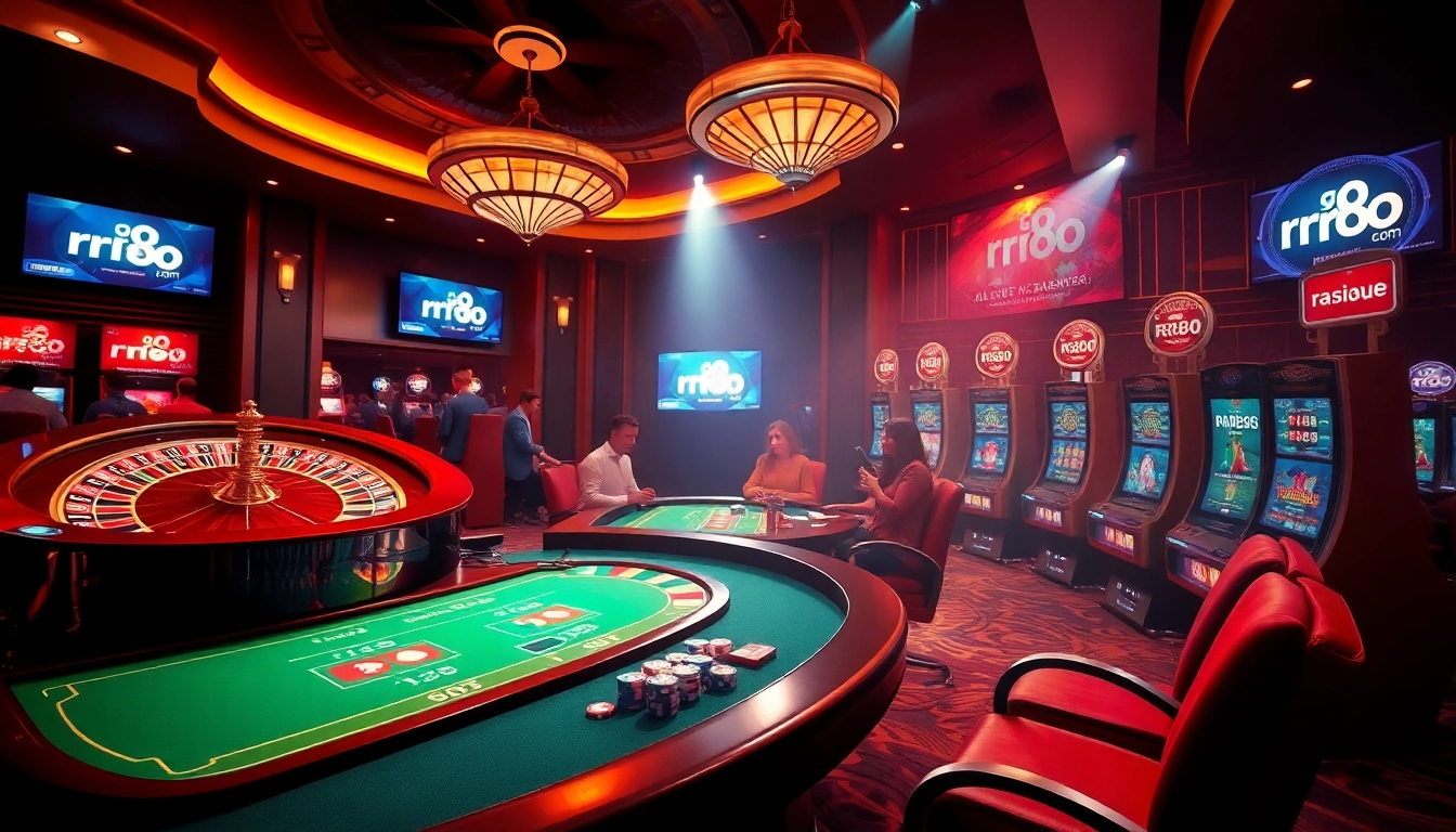 Experience the thrill of online gambling with rr88 com at a luxurious casino setting featuring roulette and poker players.