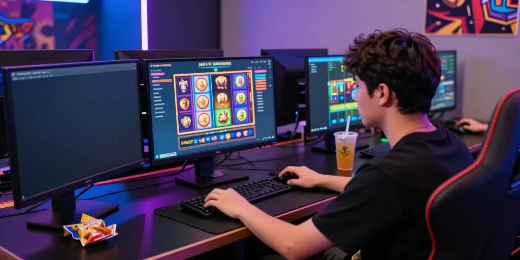 Pengguna bermain judi pragmatic online di platform modern dengan slot warna-warni.
