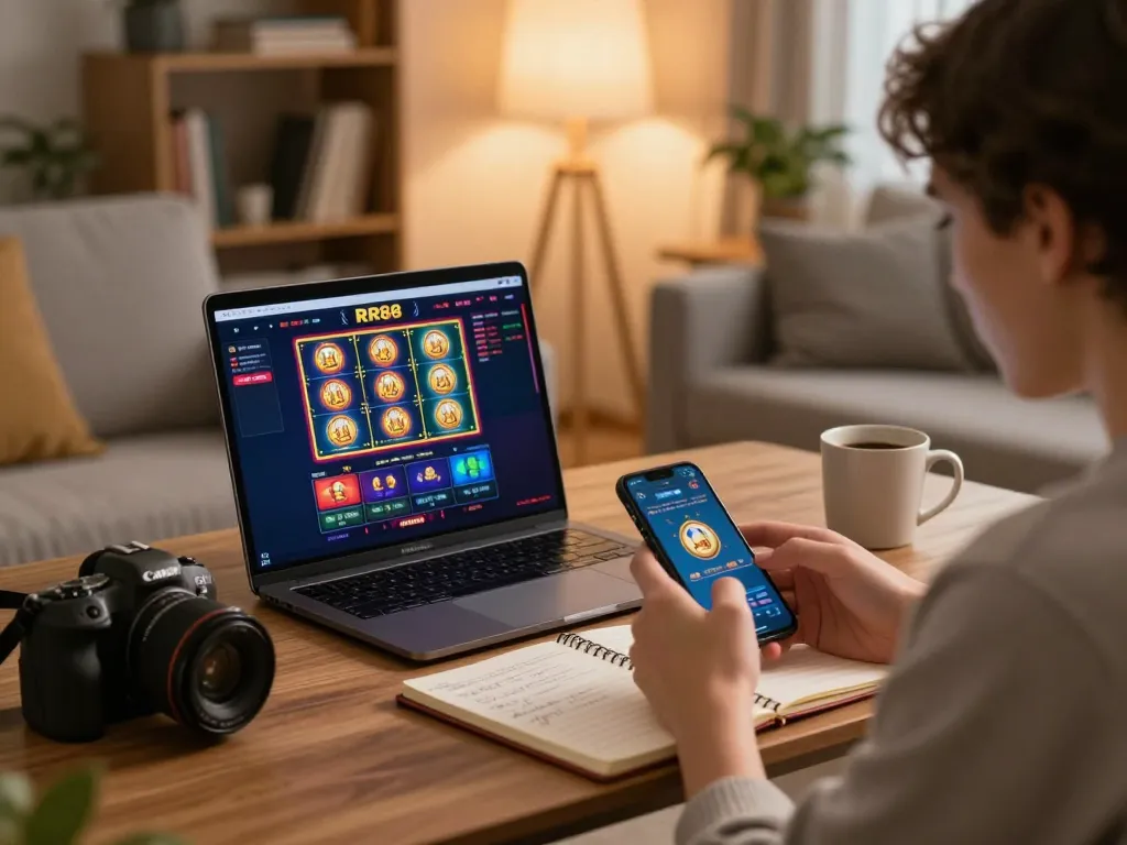 Engaged user placing bets on RR88 online casino while exploring exciting games at https://rr888.shopping/ with cozy home ambiance.