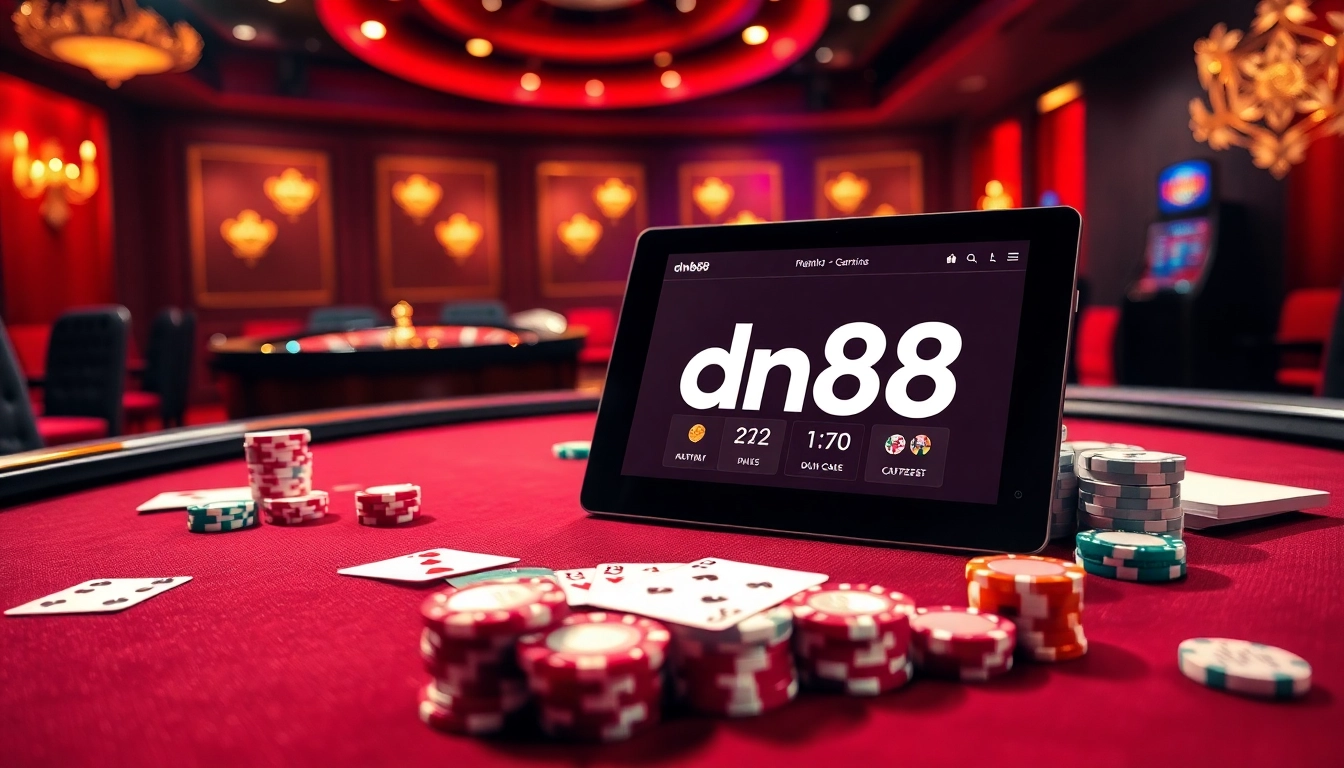 Engage with the dn88 link in a luxurious casino setting, featuring a poker table and betting elements.