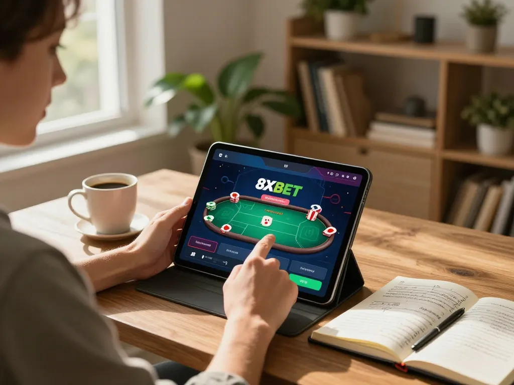 Player engaging with nhà cái 8xbet interface on tablet in modern home setup.