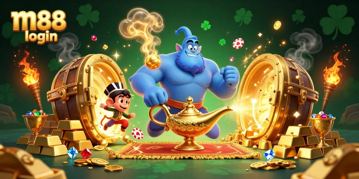 Experience m88 login excitement with a magical scene featuring rich casino elements and playful characters.