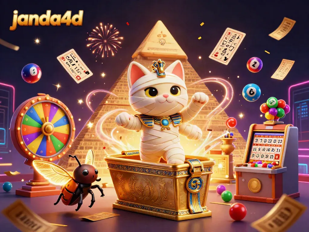Menggali keseruan janda4d dengan kucing mummy 3D berjaya di kasino piramida, dikelilingi bola lotere berwarna-warni.