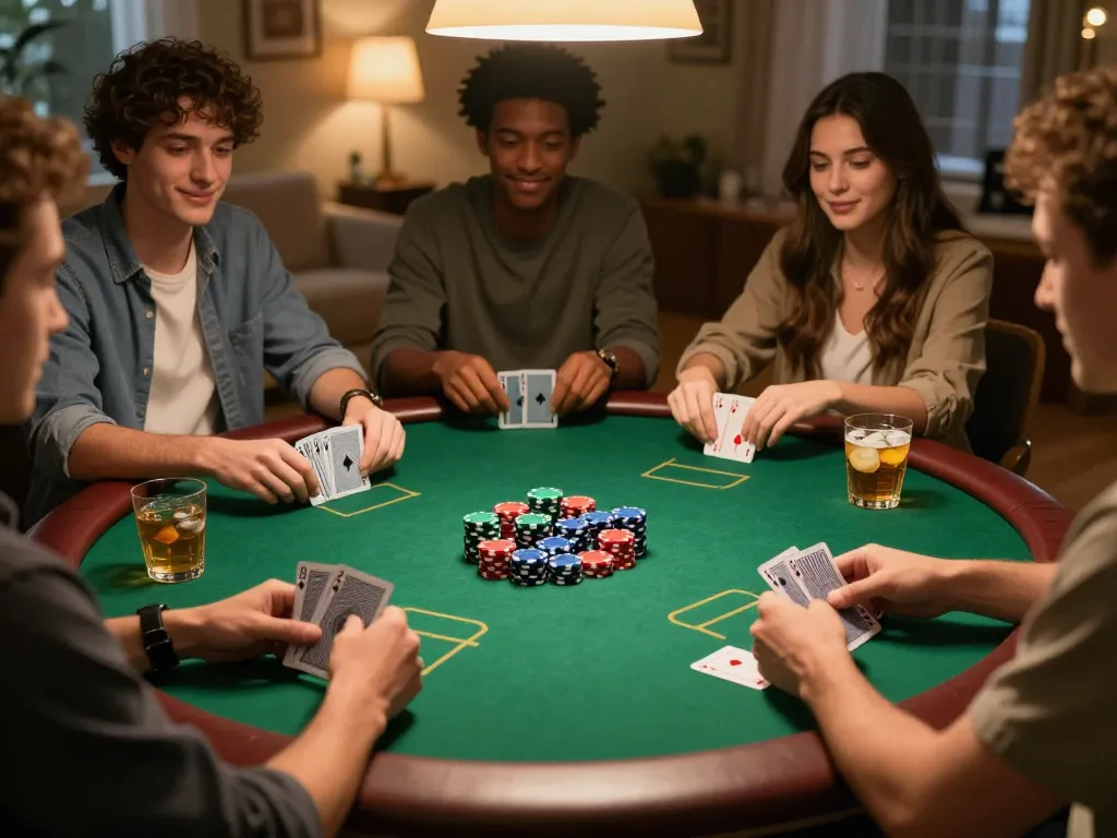 Friends enjoying an engaging poker night at home, with chips and cards, reflecting the excitement of bem88 gaming.