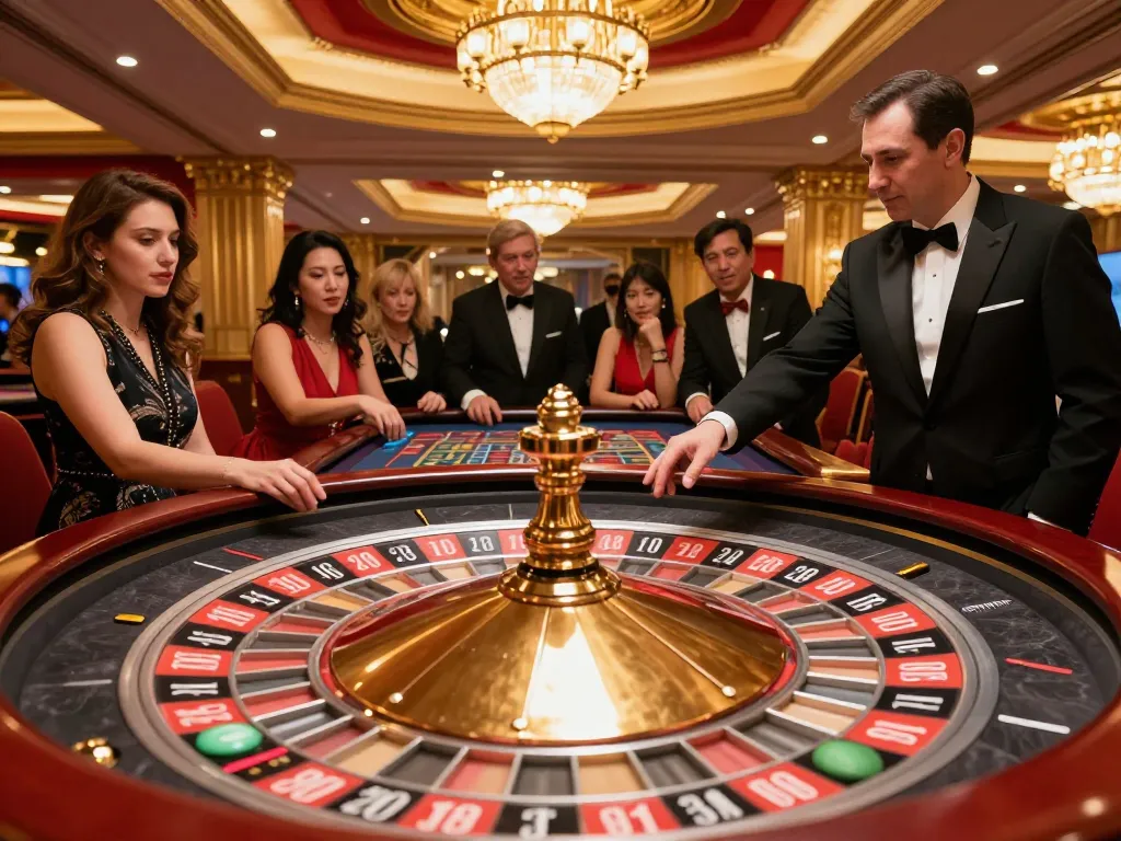 uk88s players engaging at a roulette table, filled with excitement and anticipation in a luxurious casino.