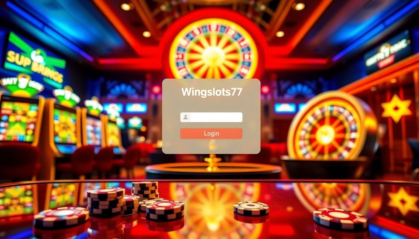 Engage in thrilling gameplay with Wingslots77 Login at a luxurious casino scene featuring vibrant slot machines and roulette.