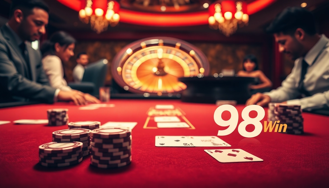98Win's thrilling poker table scene captures the excitement and luxury of online gambling.