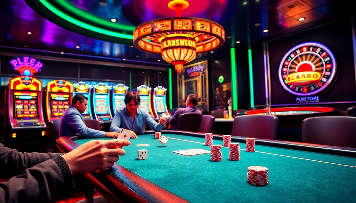 Experience the excitement of bl555 with players gambling at a luxurious casino table filled with chips and cards.