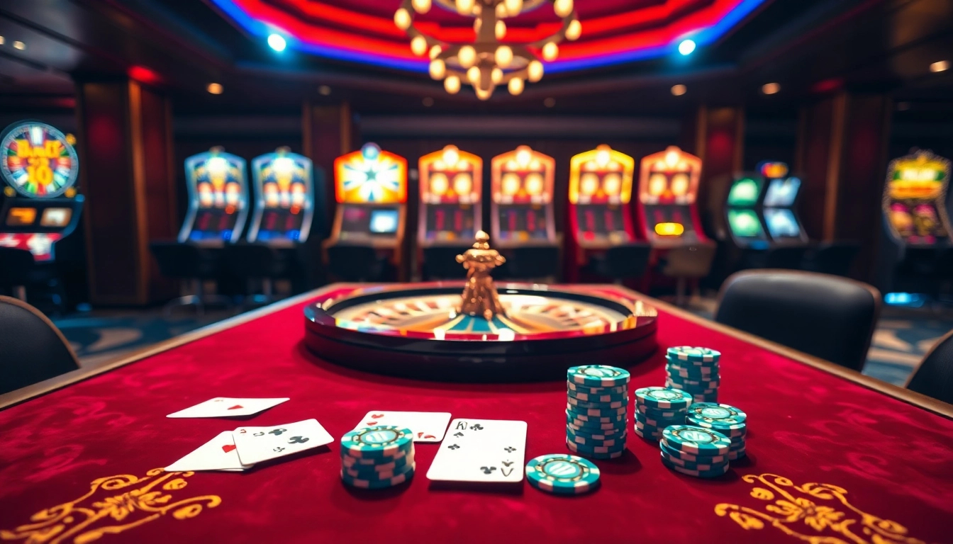 Experience the excitement of 33WIN at a luxurious casino with poker and roulette tables.