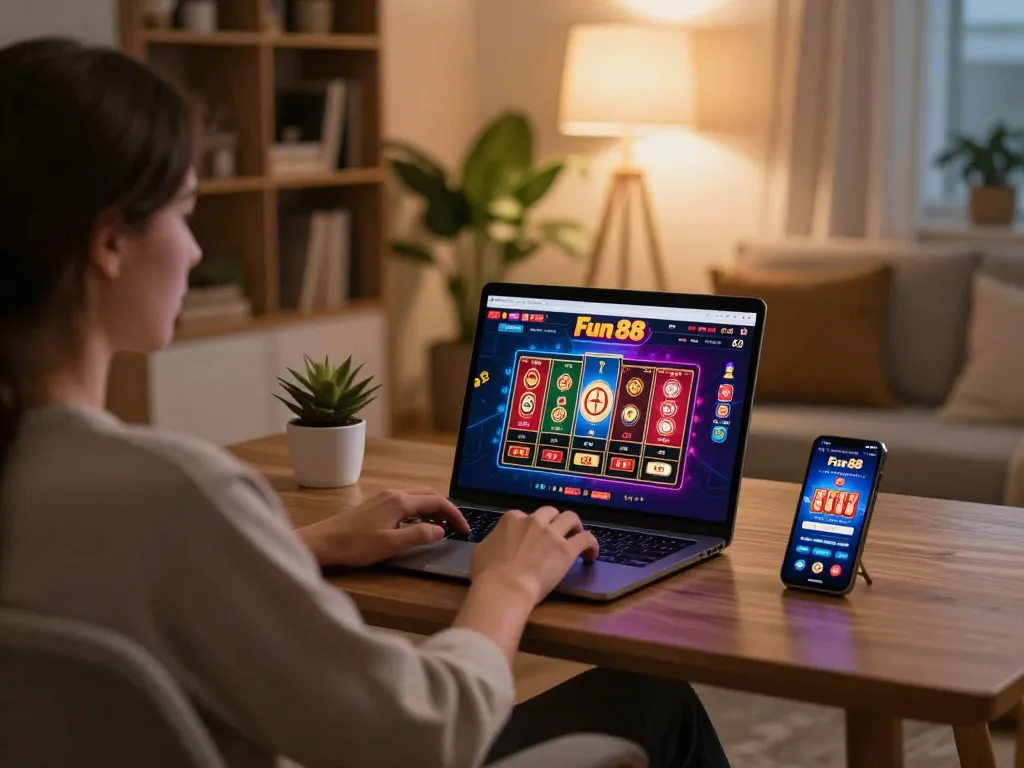 Engaging in Fun 88 online gaming from a stylish home setup, demonstrating seamless gameplay.