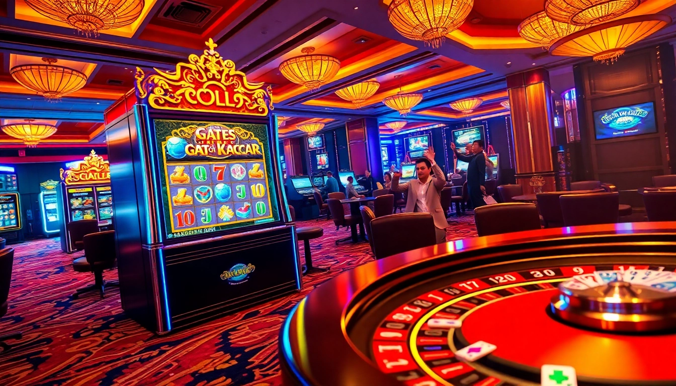 Experience the thrill of winning on the gates of gatot kaca super scatter slot machine amidst a luxurious casino environment.