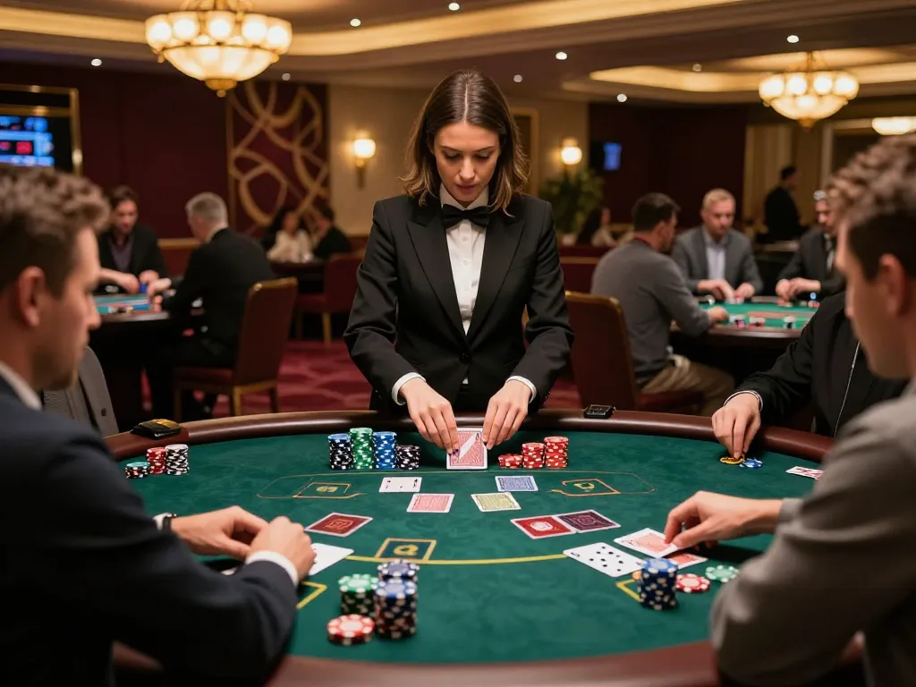 Players at a blackjack table strategizing their moves in an upscale casino environment, highlighting HM88.
