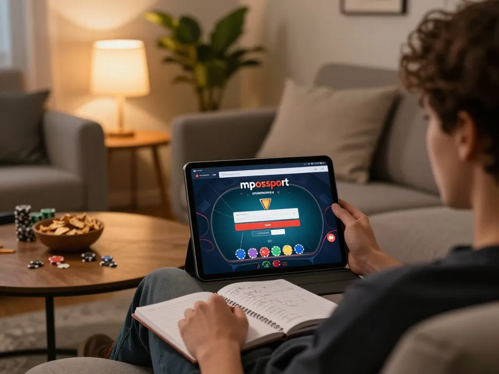 Engaging mposport login scene showing a player using a tablet to strategize their online poker game with snacks nearby.