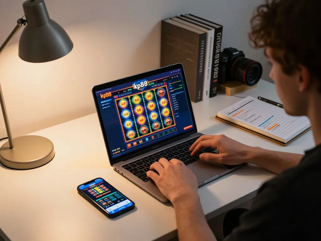 Kp88 online gaming experience with colorful slot reels and player engaging on laptop