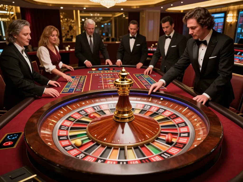 Players engaging in thrilling roulette at ww88 casino, croupier spinning the wheel amidst a luxurious setting.
