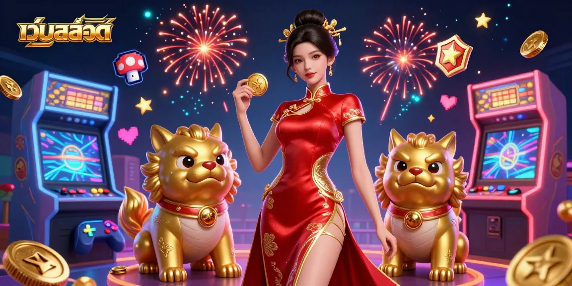 Experience เว็บสล็อต excitement with a glamorous Asian woman and playful foo dog guardians in a vibrant casino scene.