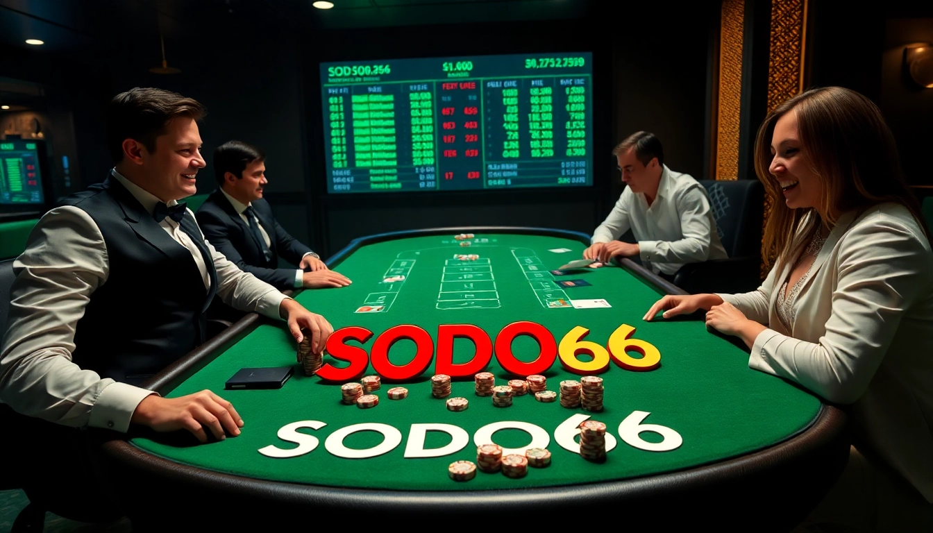 Experience the excitement at SODO66's vibrant casino table with engaged players and rich decor.