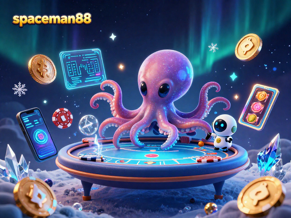 Experience thrilling gameplay with spaceman88 at a holographic poker table in a vibrant cosmic setting.